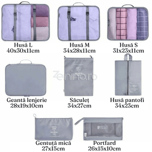 Set of 8 Luggage Organizers, Shoe Bag, Makeup Bag, Waterproof Material, Zipper Closure, for Travel, Gray, Cream