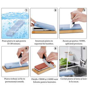 Set Pietre Ascutit Cutite, Unelte, 4 Granulatii, Piele Lustruire, Suport Bambus