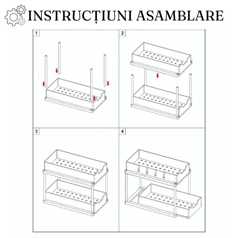 Raft Organizator cu 2 Niveluri Retractabile, Potrivit sub Chiuveta, Bucatarie, Baie, Carlige Incluse, Plastic