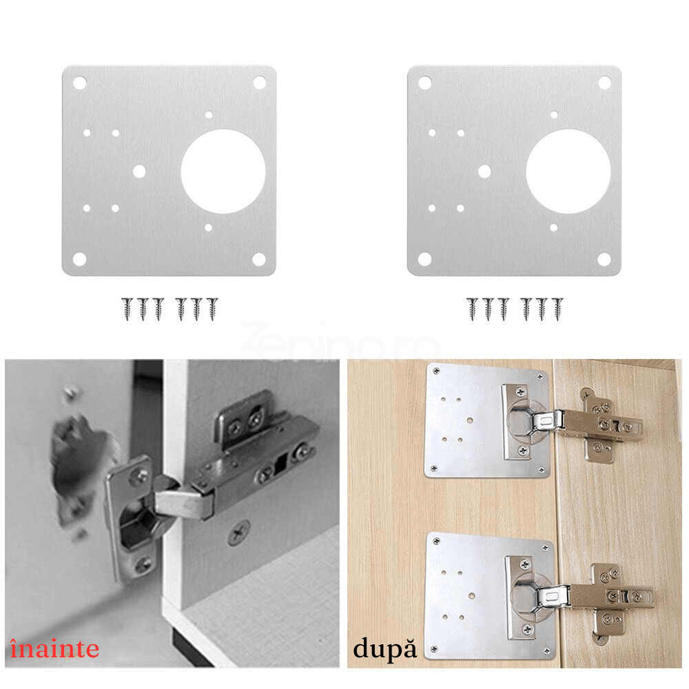 Set 4 Placi Perforate Plate, pentru Balamale, Model Universal, Rezistenta Sporita, 20 Suruburi, din Otel Inoxidabil