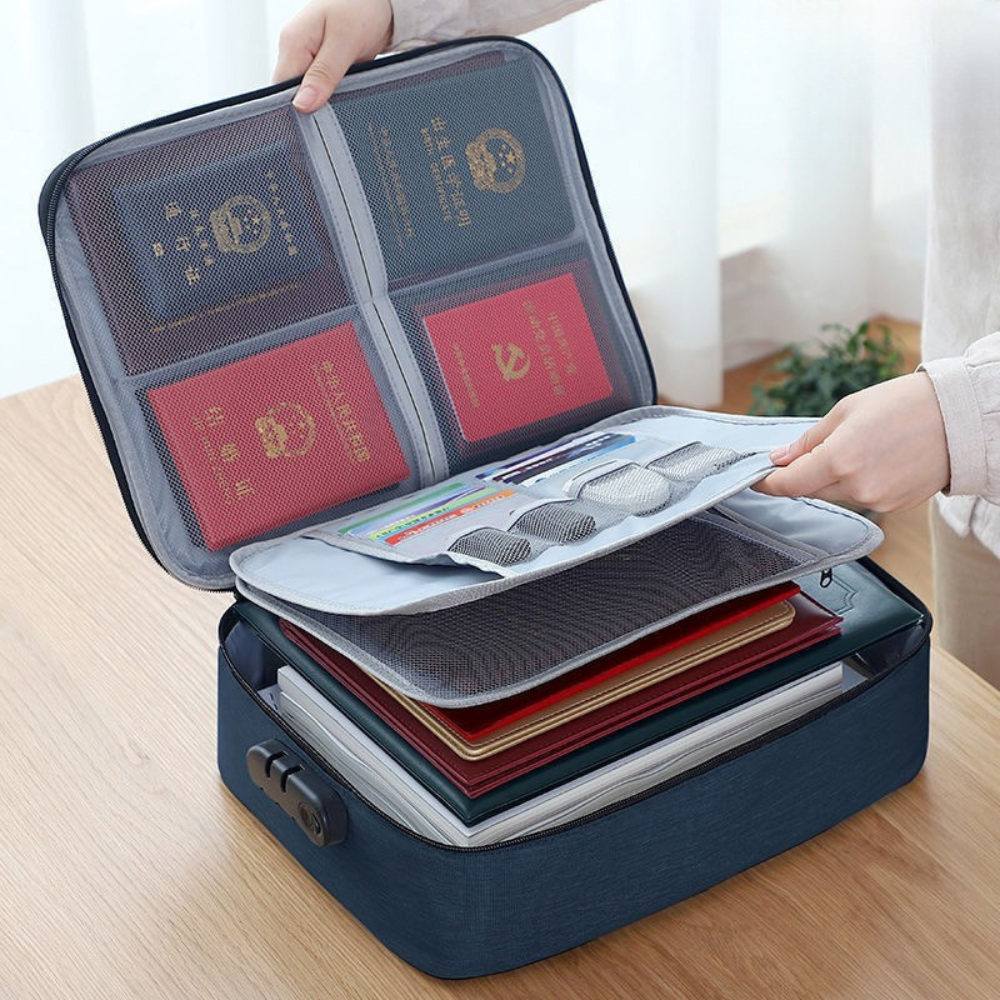 Document Storage Bag, Card Compartments, Security Code, Waterproof