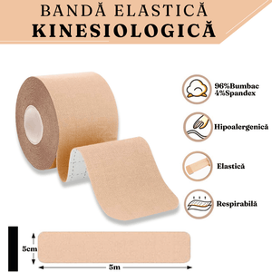 Banda Kinesiologica, pentru Intinderi Musculare, Dureri Articulare, Impermeabil, din Bumbac, Strat Adeziv Hipoalergenic, 5cm x 5m, Bej, Negru, Albastru