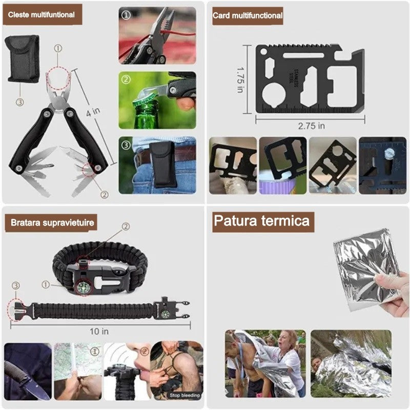 Kit Supravietuire cu Ghiozdan, 42 Piese, Echipament Prim-Ajutor, Multifunctional