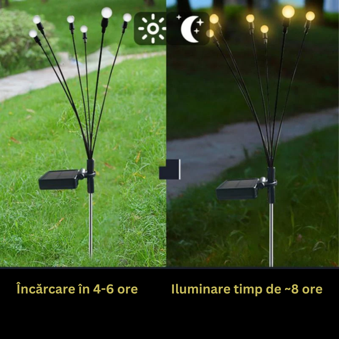 Lampa Solara Licurici, 6 Bulbi, pentru Gradina, IP65, Fixare in Pamant, Autonomie 8h, Inaltime 70 cm, Negru