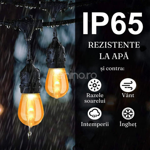 Ghirlanda Luminoasa cu 15 Becuri, IP65, Conectare la Priza, Lungime 15m, Interior/Exterior, Lumina Alb Cald