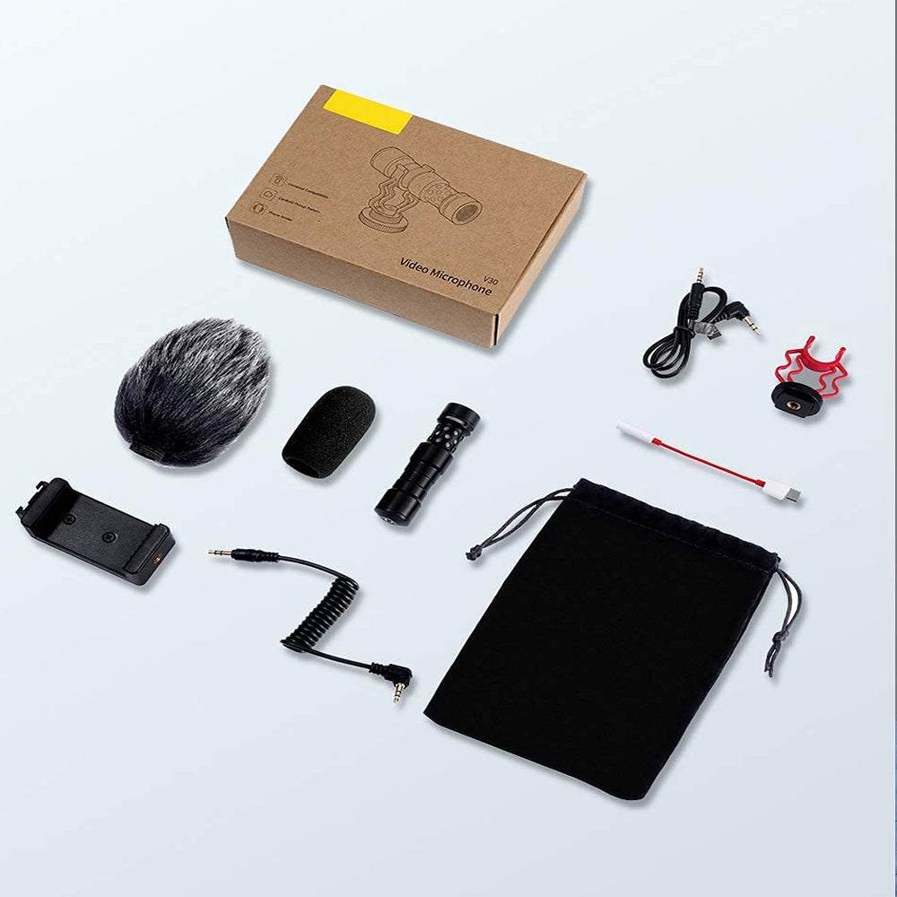 Microfon Cardioid - Noise Cancelling, Protectie Anti-Soc, Sunet HD, Accesorii Incluse, Compatibilitate Camera/Telefon/Pc, Rosu/Negru