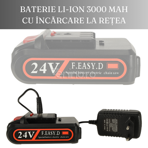 Mini Fierastrau cu Lant, Model Electric, 550W, Baterie 3000mAh, 24V, Lama 11cm, Carcasa Depozitare, Negru