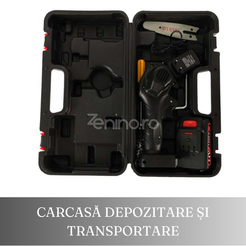 Mini Fierastrau cu Lant, Model Electric, 550W, Baterie 3000mAh, 24V, Lama 11cm, Carcasa Depozitare, Negru