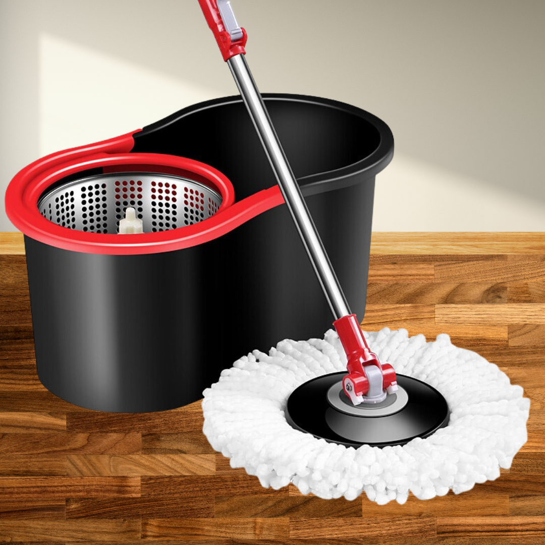 Set Mop Rotativ, Galeata 8L, Capat Microfibra Schimbabil, Sistem de Stoarcere, Dop de Scurgere, Negru/Rosu