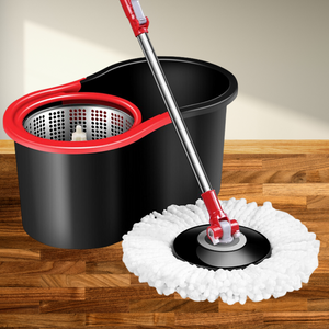 Set Mop Rotativ, Galeata 8L, Capat Microfibra Schimbabil, Sistem de Stoarcere, Dop de Scurgere, Negru/Rosu