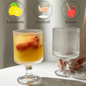 Set 6 Pahare cu Picior, de 225ml, pentru Cocktail, Limonada, Rezistent la Zgarieturi, din Sticla Borosilicata, Transparent