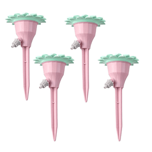 Set of 4 Plant Drippers, for Irrigation, with Valve, Flower Pattern, Adjustable Flow, Stake Type Fixing, 16.8x9cm, Pink