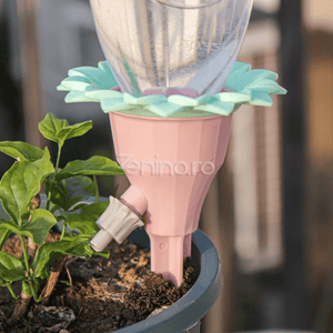 Set of 4 Plant Drippers, for Irrigation, with Valve, Flower Pattern, Adjustable Flow, Stake Type Fixing, 16.8x9cm, Pink