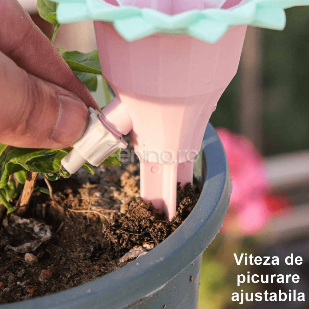 Set of 4 Plant Drippers, for Irrigation, with Valve, Flower Pattern, Adjustable Flow, Stake Type Fixing, 16.8x9cm, Pink