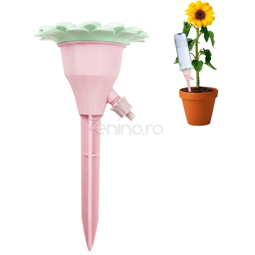 Set 4 Picuratori Plante, pentru Irigare, cu Valva, Model Floare, Debit Reglabil, Fixare tip Tarus, 16.8x9cm, Roz