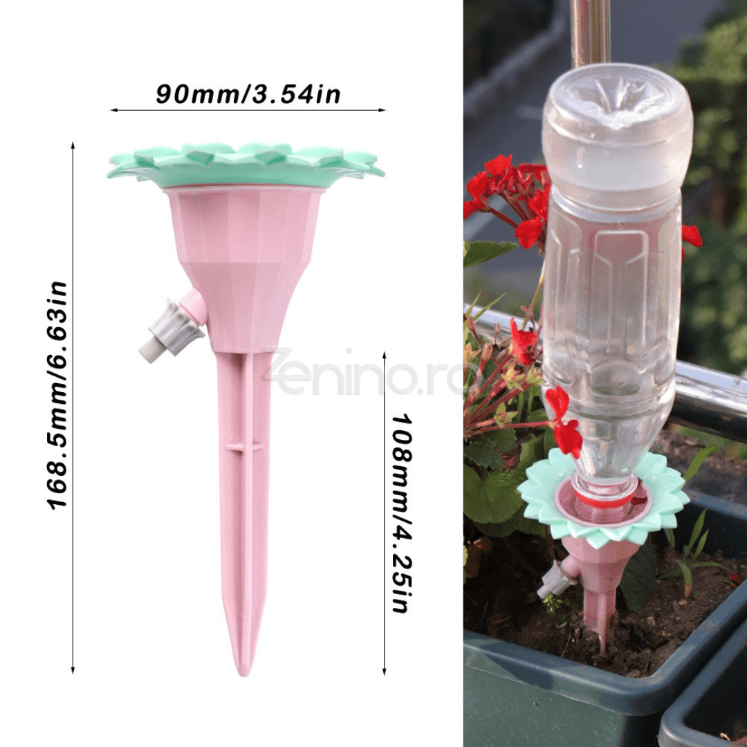 Set of 4 Plant Drippers, for Irrigation, with Valve, Flower Pattern, Adjustable Flow, Stake Type Fixing, 16.8x9cm, Pink