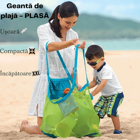 Geanta de Plaja - Plasa Incapatoare, pentru Jucarii, Pliere Compacta, Buzunar cu capsă, 42cm, Verde