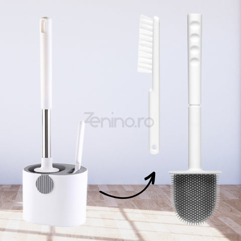 Perie de toaleta 2in1, Mini Perie, Suport Igienic, Curata Eficient, Peri Moi din Silicon, Fixare pe perete,  Alb