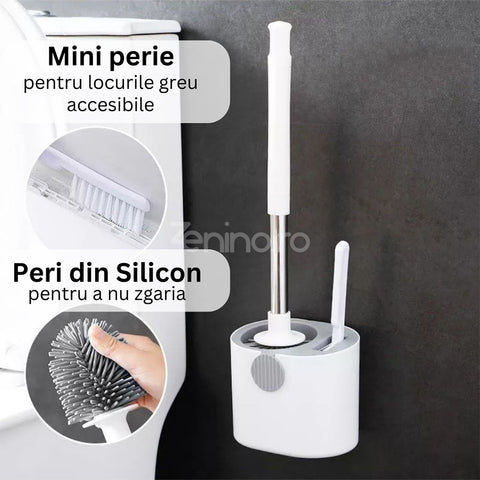 Perie de toaleta 2in1, Mini Perie, Suport Igienic, Curata Eficient, Peri Moi din Silicon, Fixare pe perete,  Alb
