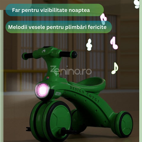 Tricicleta pentru Copii, cu Lumini, Muzica, Maner Ghidare, Pedale Antiderapante, 80x40x52cm, Verde
