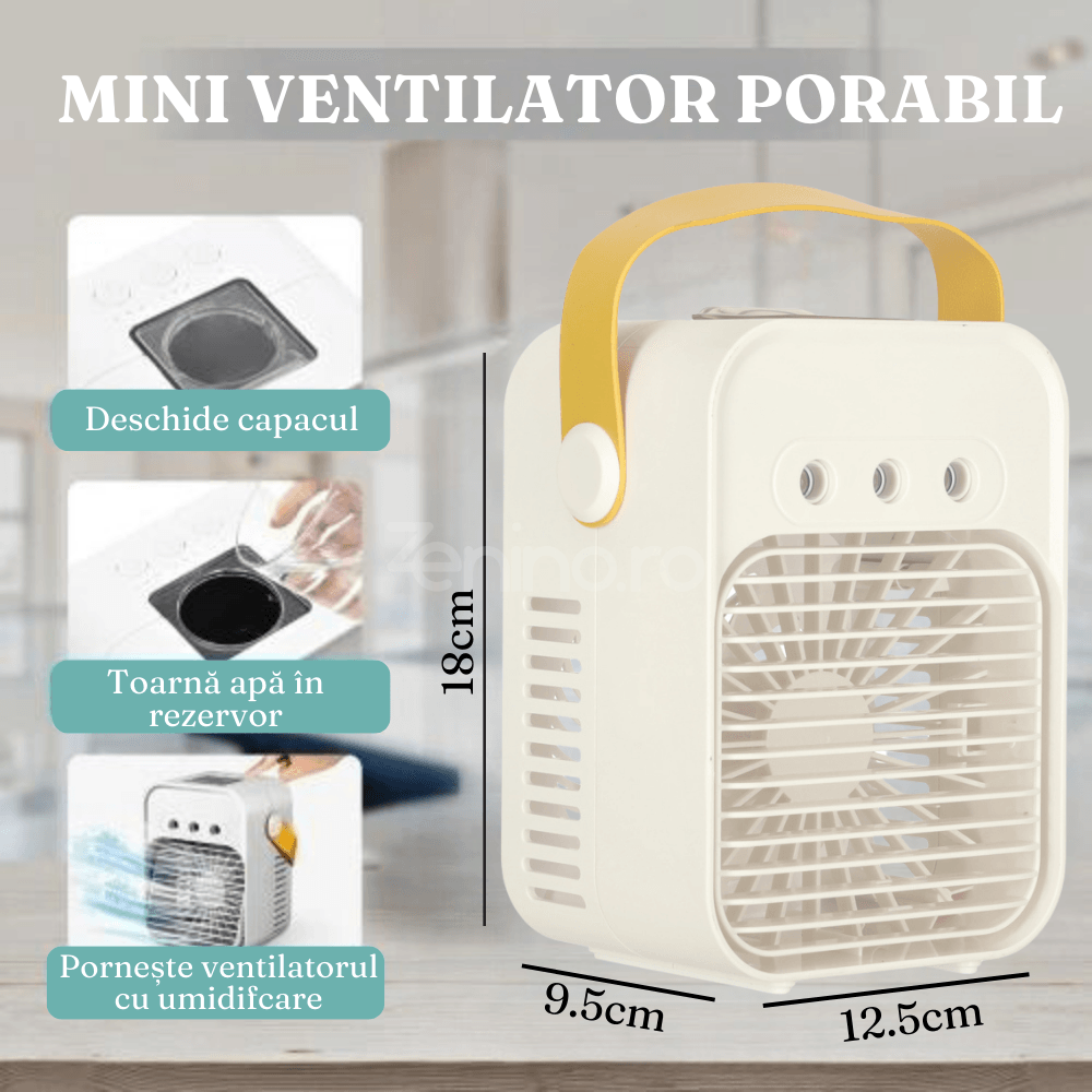 Mini Ventilator Portabil, Functie de Umidificare, 3 Moduri, Functionare 2h, 7W, Rezervor 200ml, Incarcare USB, Crem