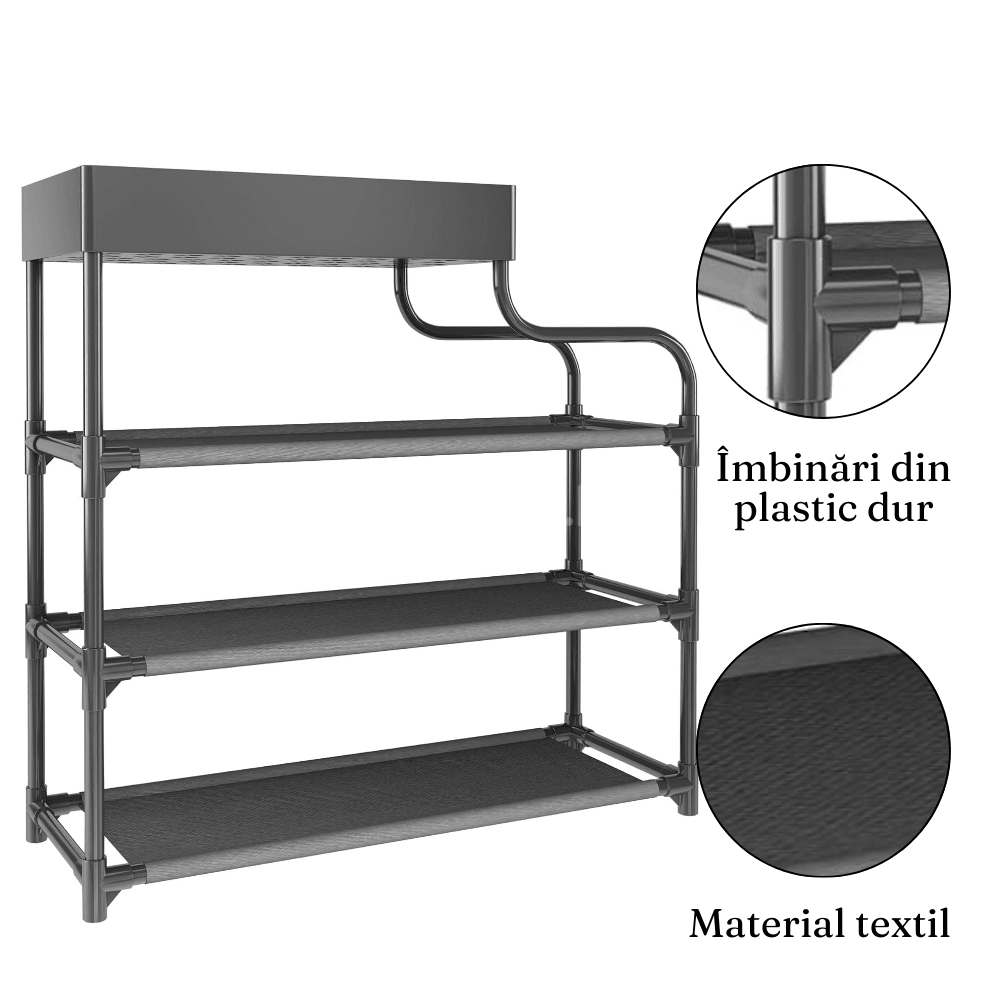 Raft Incaltaminte cu 5 Niveluri, Spatiu Depozitare Genti, Accesorii, Model Durabil, din Plastic/Textil, Montare Usoara, 80x80x21cm, Negru