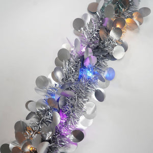 Коледна лъскава украса, с LED светлини, кръгъл мотив, 2 м x 5 см, синя, сребриста, златна
