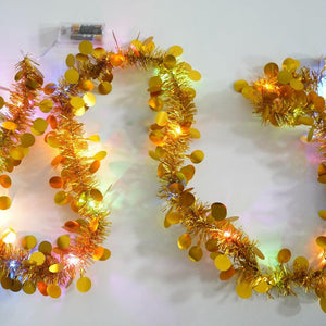 Коледна лъскава украса, с LED светлини, кръгъл мотив, 2 м x 5 см, синя, сребриста, златна