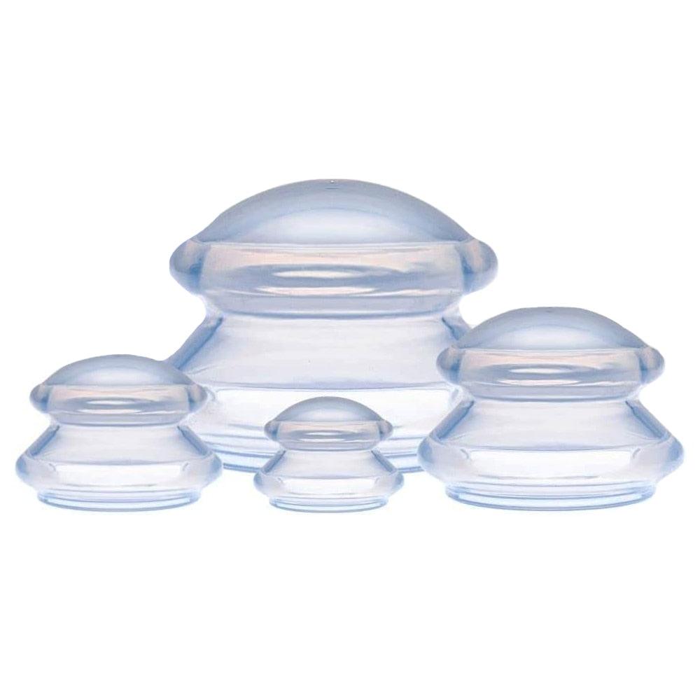 Set of 4 Massage Cupping Cups, Therapeutic, Anti-Cellulite, Relaxation, Soft Silicone, Transparent/Blue