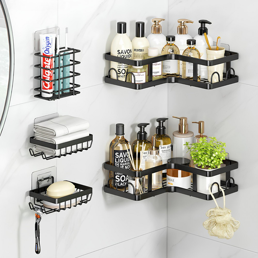Set of 5 Storage Shelves, Corner Shelves, Organization, Fixing with Adhesive Tape, Bathroom/Kitchen, Metallic