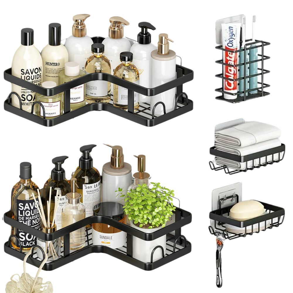 Set of 5 Storage Shelves, Corner Shelves, Organization, Fixing with Adhesive Tape, Bathroom/Kitchen, Metallic