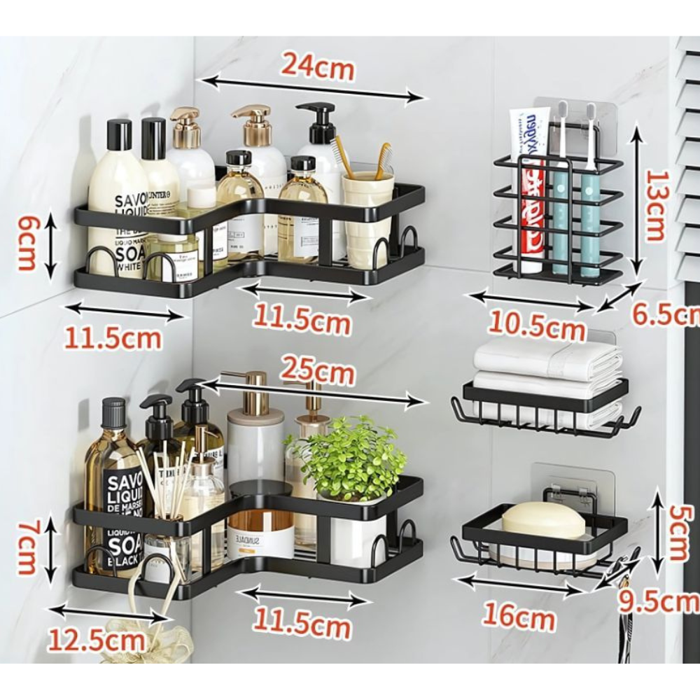 Set of 5 Storage Shelves, Corner Shelves, Organization, Fixing with Adhesive Tape, Bathroom/Kitchen, Metallic