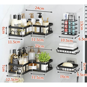 Set of 5 Storage Shelves, Corner Shelves, Organization, Fixing with Adhesive Tape, Bathroom/Kitchen, Metallic