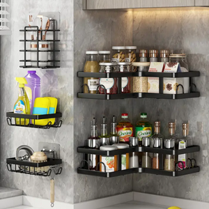 Set of 5 Storage Shelves, Corner Shelves, Organization, Fixing with Adhesive Tape, Bathroom/Kitchen, Metallic