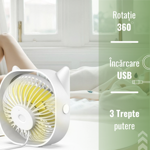 Mini Ventilator de Birou, 3 Viteze, Rotire 360, Incarcare USB