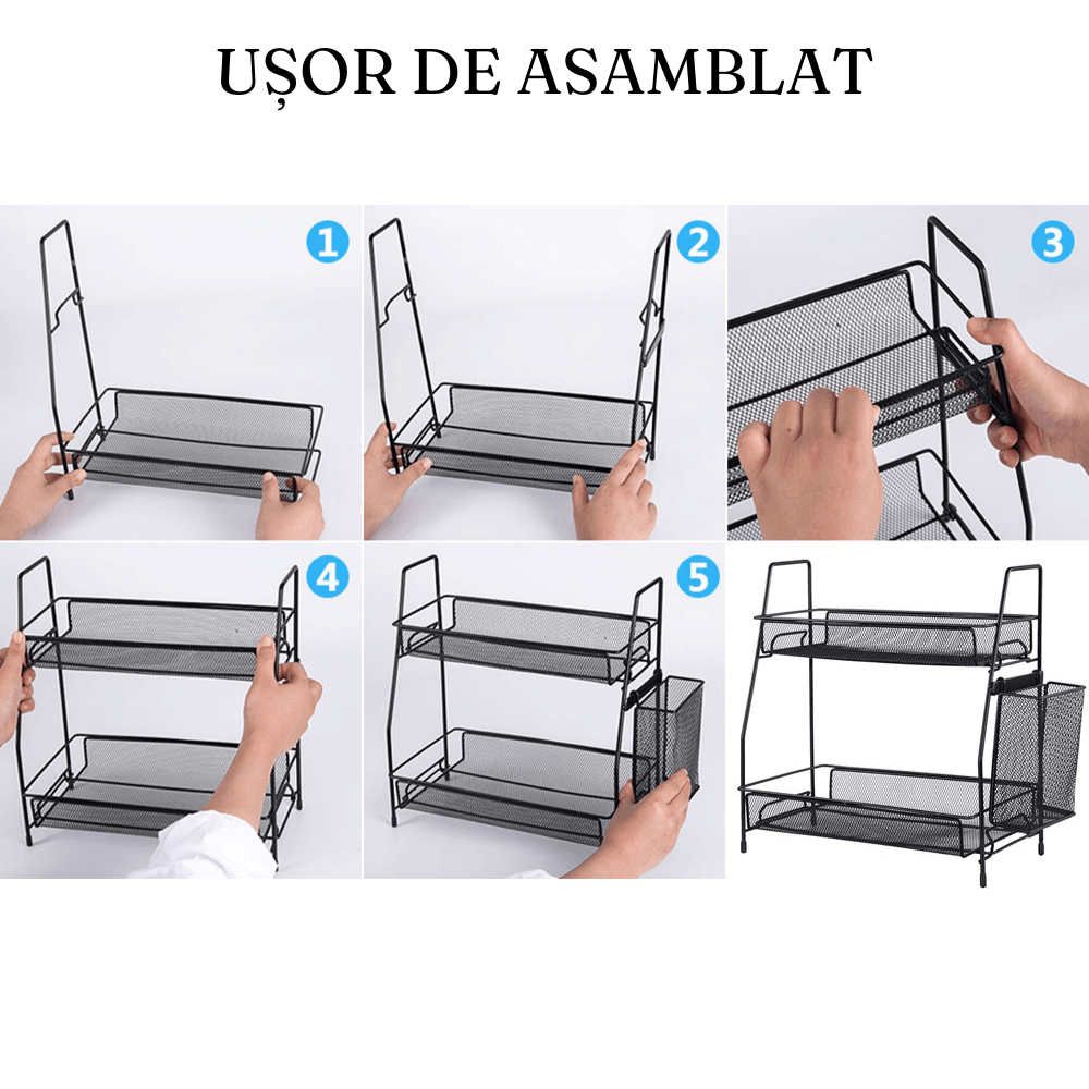 Etajera 2 Niveluri, Suport Tacamuri, Usor de Asamblat, din Metal, 36x32x17cm, Negru, Alb