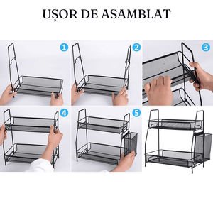 Etajera 2 Niveluri, Suport Tacamuri, Usor de Asamblat, din Metal, 36x32x17cm, Negru, Alb