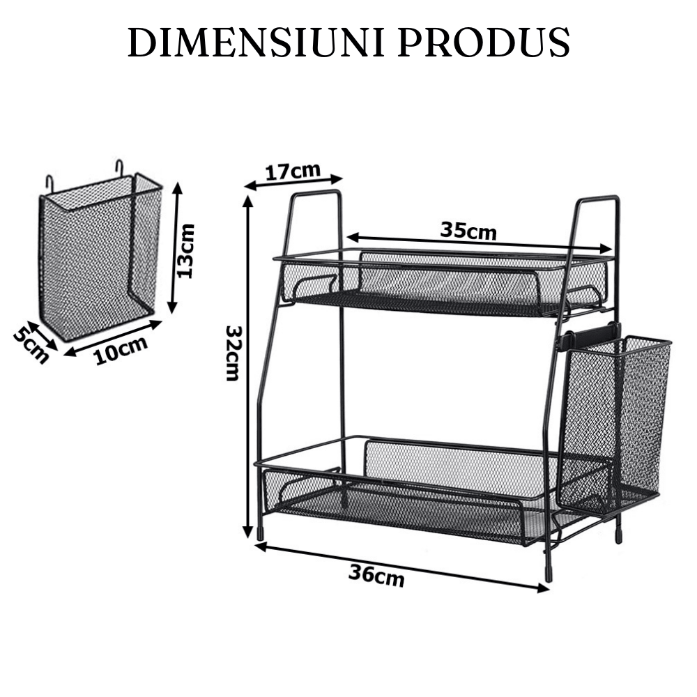 Etajera 2 Niveluri, Suport Tacamuri, Usor de Asamblat, din Metal, 36x32x17cm, Negru, Alb