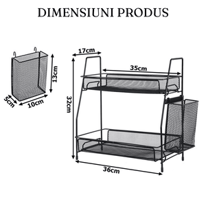 Etajera 2 Niveluri, Suport Tacamuri, Usor de Asamblat, din Metal, 36x32x17cm, Negru, Alb