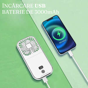 Mini Ventilator Portabil, 3 Viteze, 3000mAh, Suport Telefon, Pliabil, Incarcare USB