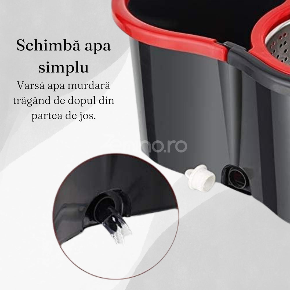 Set Mop Rotativ, Galeata 8L, Capat Microfibra Schimbabil, Sistem de Stoarcere, Dop de Scurgere, Negru/Rosu