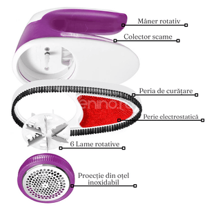 Aparat Indepartare Scame, Putere 5W, Potrivit pentru Haine, Canapea, 6 Lame de Taiere, Incarcare USB, Mov/Roz