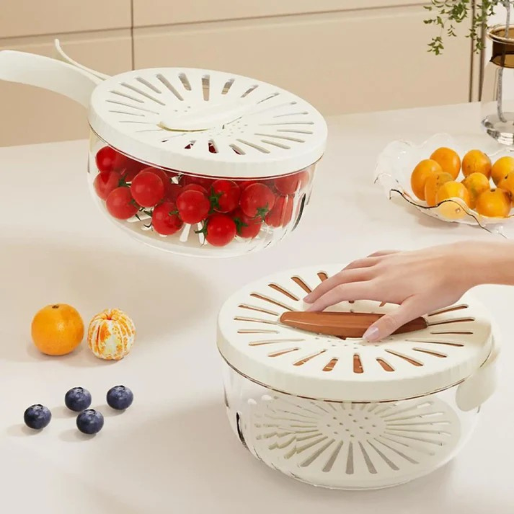 Uscator Legume 2in1, Scurgere Rapida, Cutie Depozitare, cu Maner, Crem