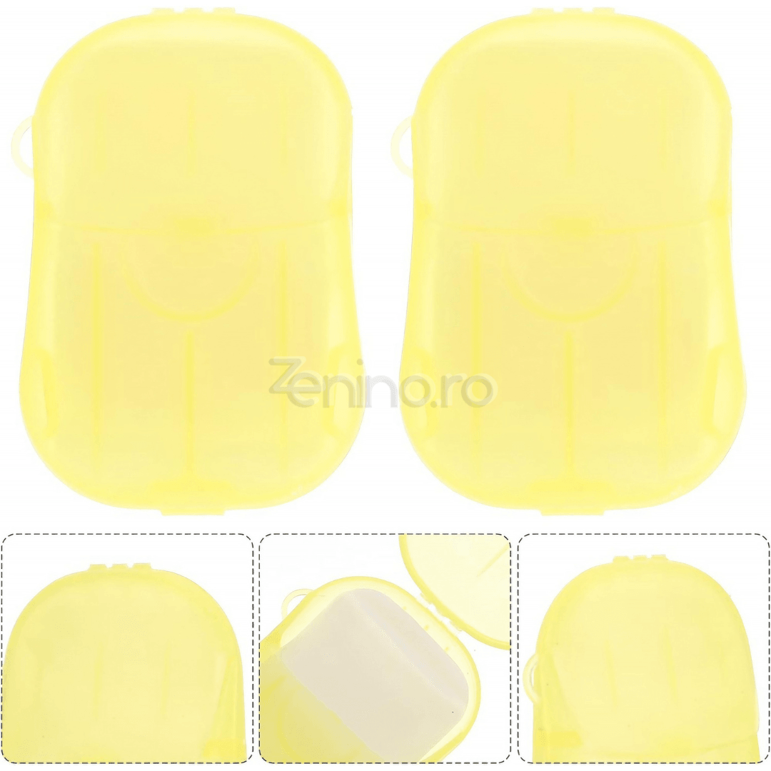 Set 20 Foite de Sapun, Mini Cutie Inclusa, de Unica Folosinta, Perfect pentru Calatorii, Biodegradabil, Dimensiuni Compacte, 7x4.6cm