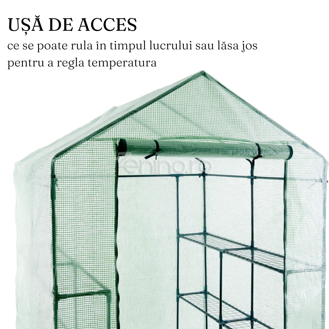 Mini Sera Plante, 8 Rafturi, Regleaza Temperatura, Imbinari Rezistente, Plasa Polietilena, Usor de Asamblat, 195x143x143cm, Verde