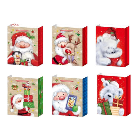 Set 6 Pungi Cadou, Model de Craciun, din Hartie, 18.5x22.5x8.5 cm