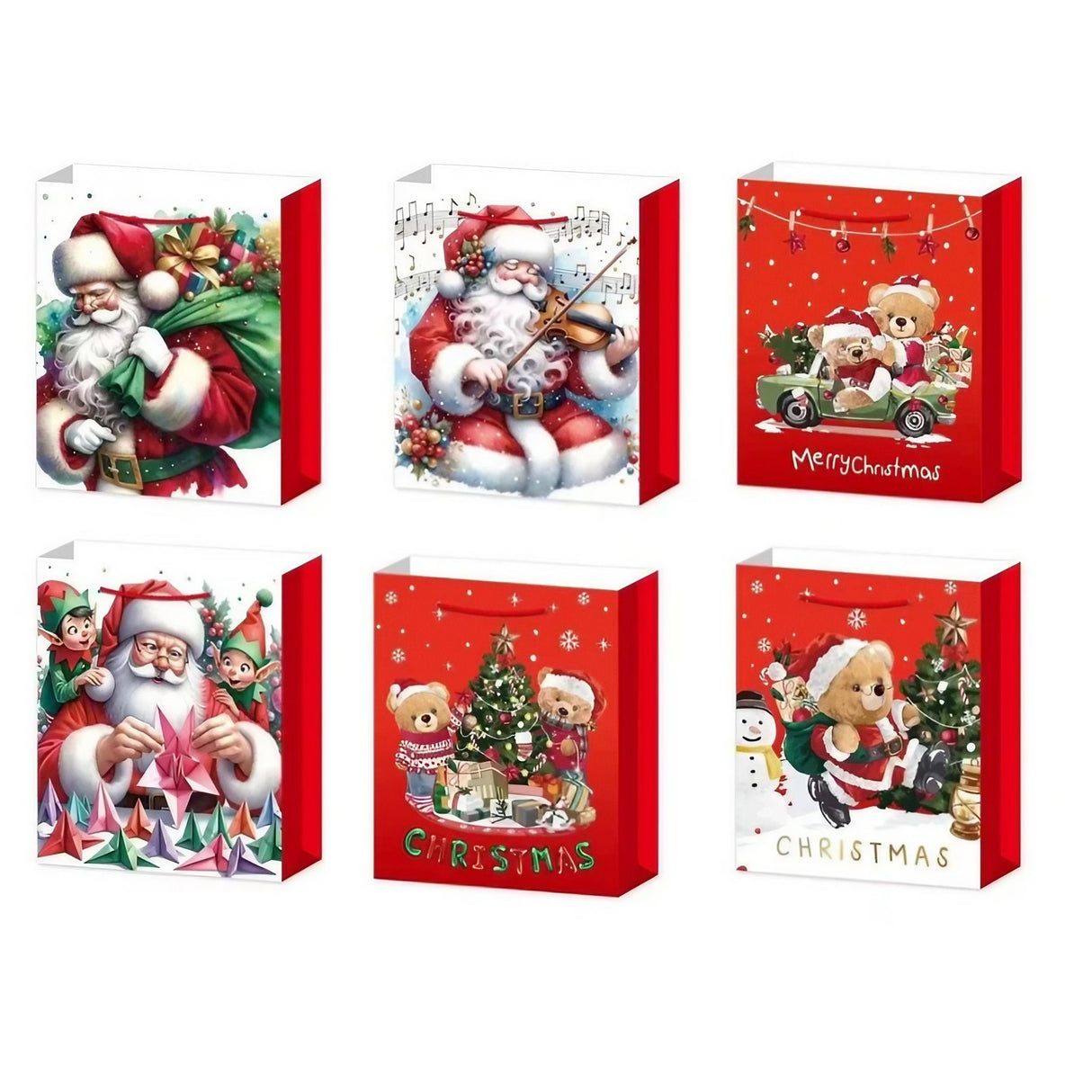 Set 6 Pungi Cadou, Model de Craciun, din Hartie, 18.5x22.5x8.5 cm
