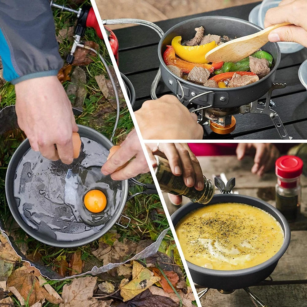 Set de Gatit pentru Camping Zenino - 9 Piese, Suprafata Anti-Aderenta, Oala, Tigaie, Accesorii Incluse, Portabil, Aluminiu Anodizat, Gri