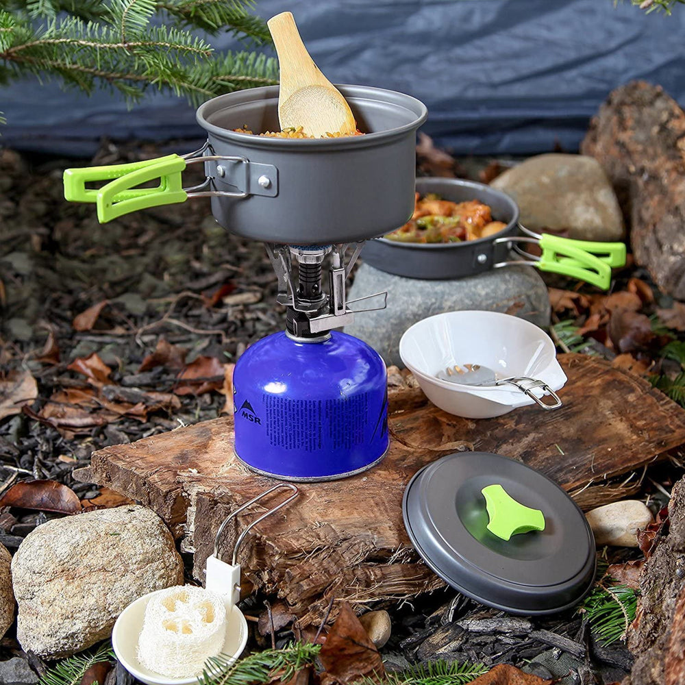 Set Camping de Gatit, 18 Piese, Suprafata Anti-Aderenta, Accesorii Incluse, Otel Inoxidabil