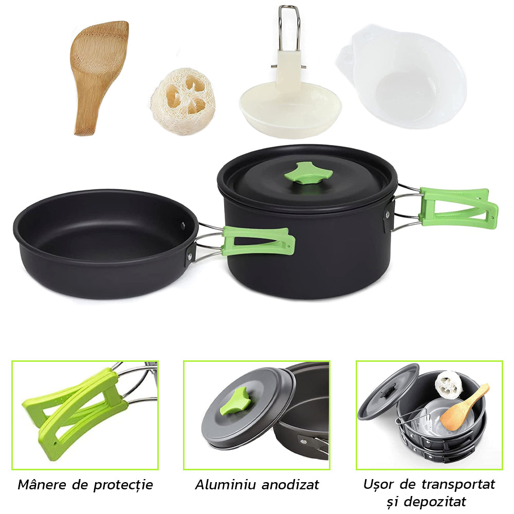 Set de Gatit pentru Camping Zenino - 9 Piese, Suprafata Anti-Aderenta, Oala, Tigaie, Accesorii Incluse, Portabil, Aluminiu Anodizat, Gri
